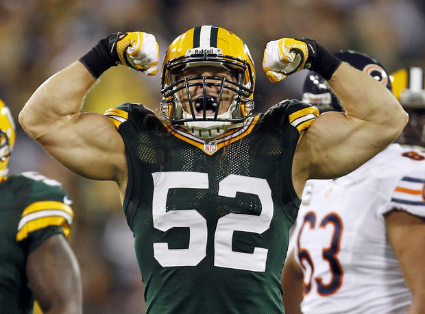 Clay Matthews reacts after sacking Jay Cutler  