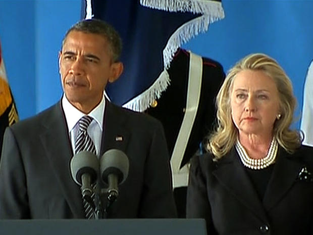 President Obama and Secretary of State Hillary Clinton pause for a moment of silence in Andrews Air Force Base, Md., Sept. 14, 2012. 