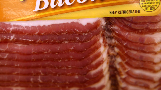A package of bacon is displayed on a shelf at United Market Aug. 17, 2010, in San Rafael, Calif. 