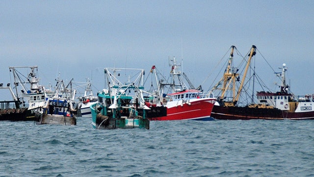 French fishermen prevent British boats, center and right, from fishing in the English Channel, off Le Havre, western France, in this Oct. 8, 2012 photo.  