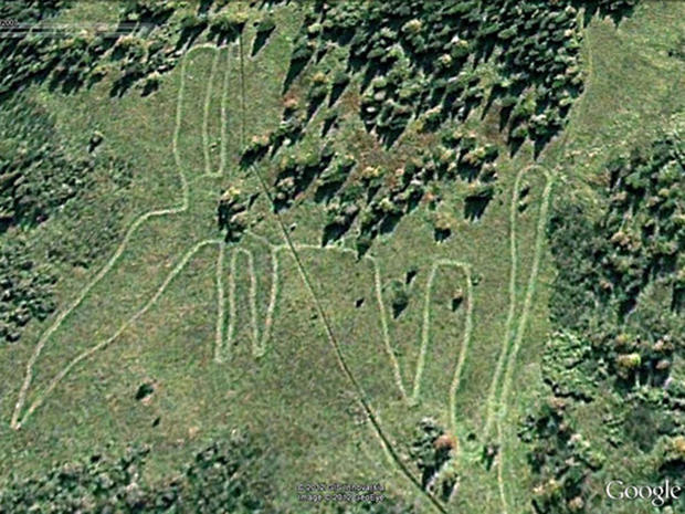 A historical Google Earth image from 2007 showing the animal-shaped geoglyph in Russia, which may predate Peru's famous Nazca Lines. 
