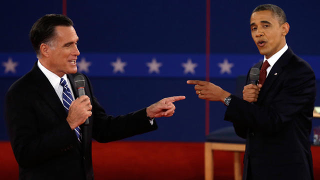 Republican presidential nominee Mitt Romney and President Barack Obama spar on October 16, 2012, during the second presidential debate at Hofstra University in Hempstead, N.Y. 