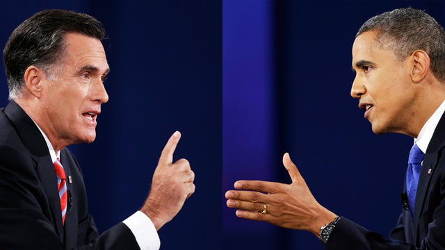 In this photo combo, Republican presidential nominee Mitt Romney, left and President Barack Obama face each other during the third presidential debate with President Barack Obama at Lynn University, Monday, Oct. 22, 2012, in Boca Raton, Fla. 