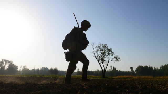 A U.S. Army soldier patrols near Baraki Barak base in Logar Province 