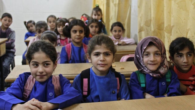 In Al-Bab, Syria, a suburb of Aleppo, children attend class in their new "bunker schools" following the bombing of six schools by Bashar Assad's air force. 