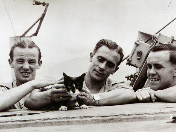 Simon the cat is pictured in this 1945 photo with unidentified crew members. 