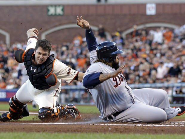 Detroit Tigers' Prince Fielder is tagged out at home plate by San Francisco Giants' Buster Posey during the second inning of Game 2 of the World Series Oct. 25, 2012, in San Francisco. 