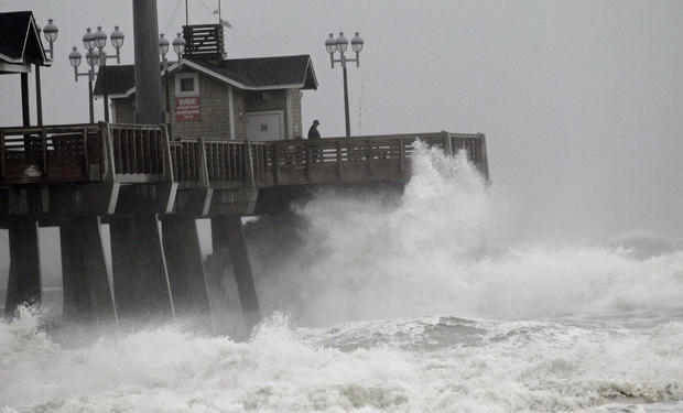 Large waves generated by Hurricane Sandy crash into Jeanette's Pier in Nags Head, N.C. 