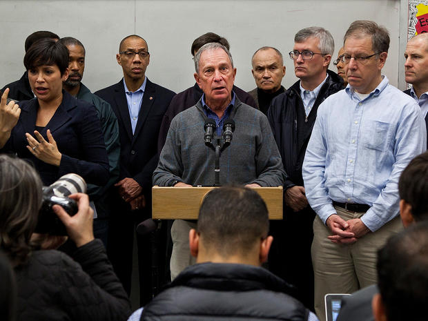 New York City Mayor Michael Bloomberg speaks to members of the media at Seward Park High School, which is doubling as an evacuation center, in preparation for Hurricane Sandy on October 28, 2012 in New York City. 