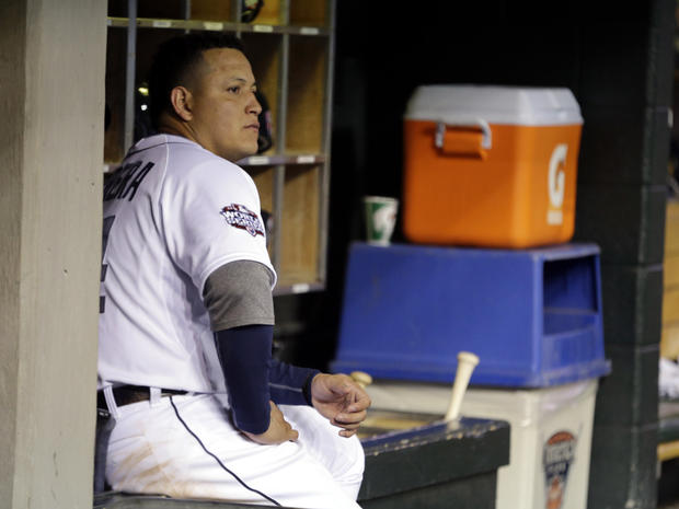 Detroit Tigers' Miguel Cabrera watches from the dugout during the ninth inning of Game 3 of the World Series against the San Francisco Giants Oct. 27, 2012, in Detroit. The Giants defeated the Tigers 2-0. 