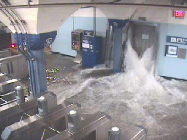 The Port Authority's Twitter account posted this photo of flood waters rushing into the Hoboken PATH station through an elevator shaft. 