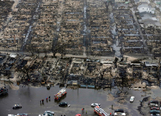 This aerial photo shows burned-out homes in the Breezy Point section of  Queens 