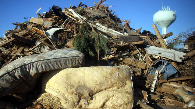 A pile of debris from Superstorm Sandy sits in a parking lot Nov. 5, 2012, in Long Beach Township, N.J., on Long Beach Island. 