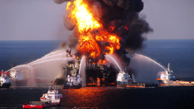 Fireboats battle a fire at the offshore oil rig Deepwater Horizon April 21, 2010, in the Gulf of Mexico off the coast of Louisiana. 