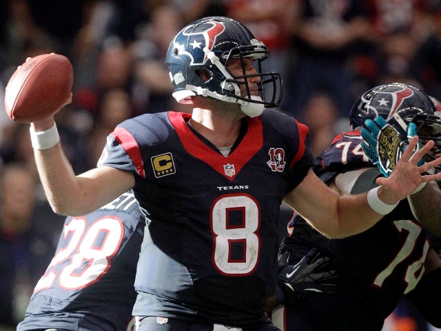 Houston Texans quarterback Matt Schaub throws a pass against the Jacksonville Jaguars in overtime at an NFL football game on Sunday, Nov. 18, 2012, in Houston. The Texans won 43-37. 
