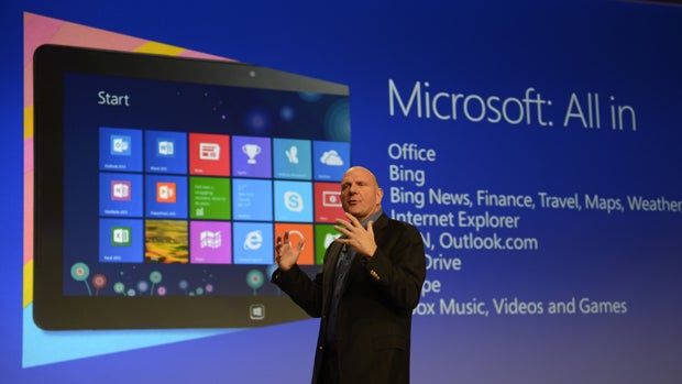 Microsoft CEO Steve Ballmer speaks on Oct. 25, 2012, during a press conference at Pier 57 in New York. 