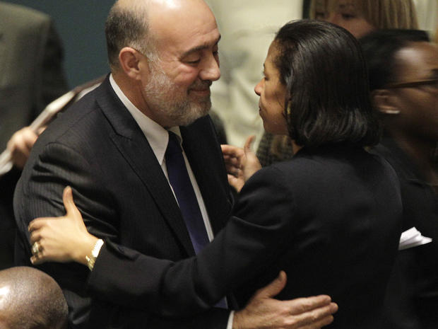 Israel's Permanent Representative to the United Nations Ron Prosor embraces U.S. Ambassador Susan Rice 
