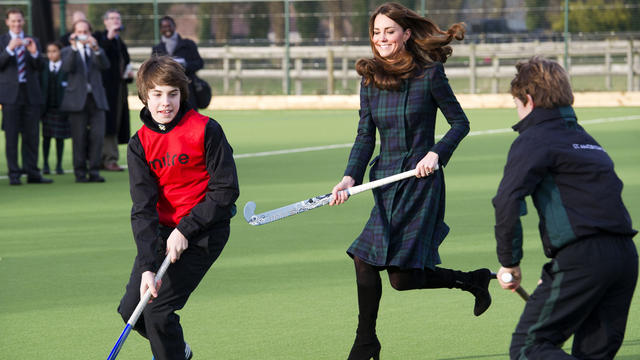 Duchess Kate visits her prep school, plays field hockey 
