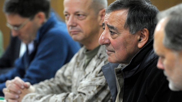 U.S. Defense Secretary Leon Panetta, flanked by Marine Gen. John Allen, left, commander of the International Security Assistance Force, and U.S. Ambassador to Afghanistan James Cunningham, right, listens during a meeting with Afghan Defense Minister Gen.  