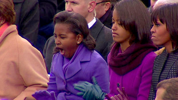 Sasha Obama, 11, sneaks in a yawn during her father's inauguration speech on January 21, 2012. Photographers also caught the youngest Obama daughter yawning during her father's inauguration speech in 2009. 