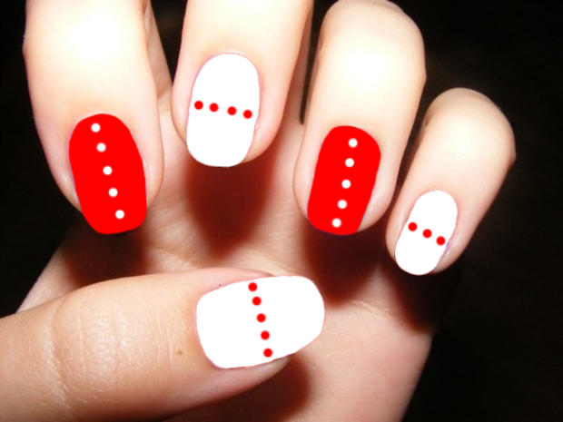 white and red polka nails 