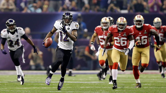 Jacoby Jones, of the Baltimore Ravens, runs back 108-yard kickoff return for touchdown in third quarter against San Francisco 49ers during Super Bowl XLVII at Mercedes-Benz Superdome Feb. 3, 2013 in New Orleans  