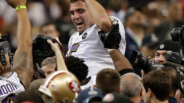 Baltimore Ravens quarterback Joe Flacco (5) is lifted into the air by teammates after defeating the San Francisco 49ers 34-31 in the NFL Super Bowl XLVII football game, Sunday, Feb. 3, 2013, in New Orleans. 