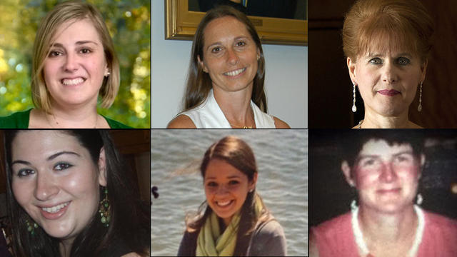 From left to right, top: Lauren Rosseau, Dawn Hochsprung, Mary Sherlach. From left to right bottom: Anne Marie Murphyie Victoria Soto, Rachel D'Avino. 