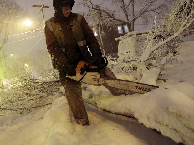 Louie Rodriguez of the New Bedford Forestry Department cuts a fallen tree in New Bedford, Mass., Feb. 8, 2013, after heavy snow and winds from a storm. 
