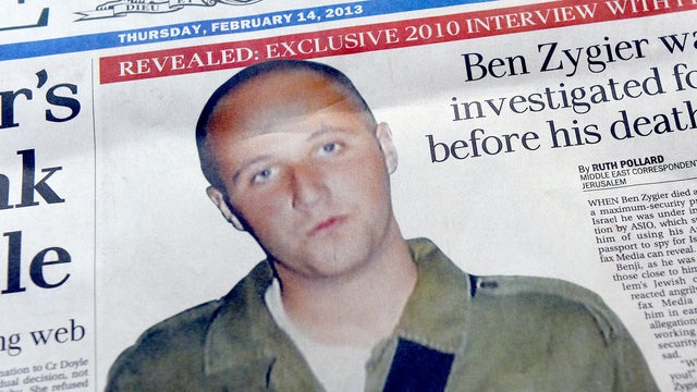 This file photo taken on February 14, 2013 shows Australian newspapers leading their front pages in Australia with the story of Ben Zygier after Israel confirmed it jailed a foreigner in solitary confinement on security grounds. 