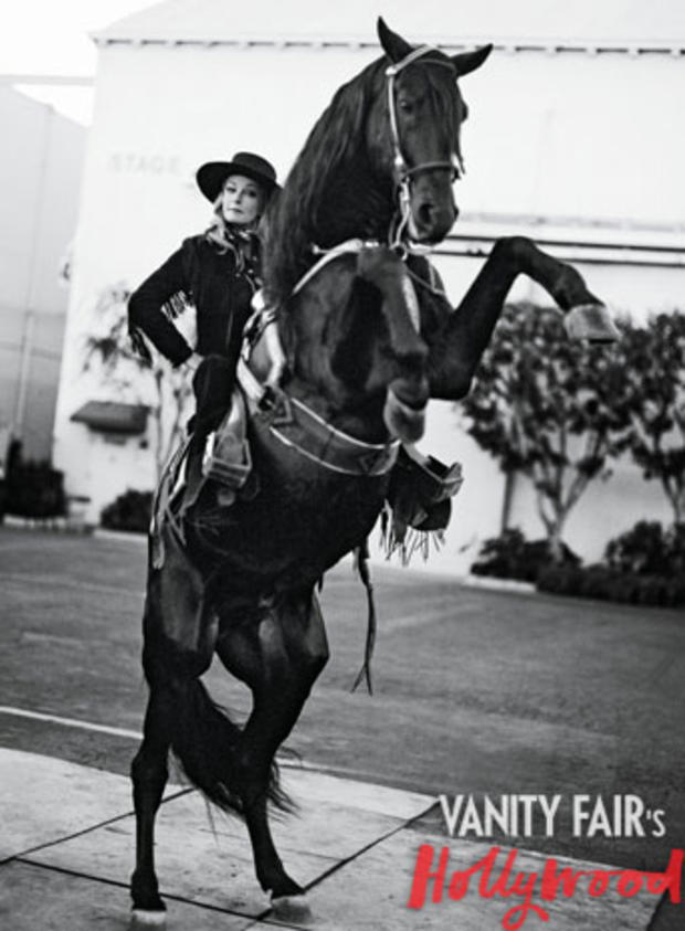 Actress Bo Derek, a long-time horse enthusiast, brought her Andalusian horse to be photographed by Bruce Weber for Vanity Fair's 2013 Hollywood Portfolio.  