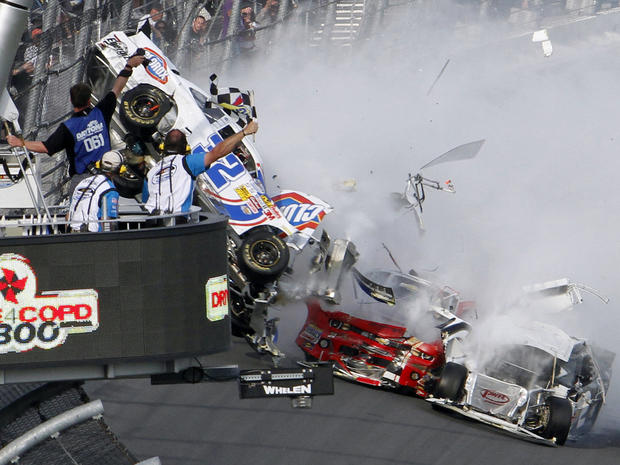 Kyle Larson's car (32) gets airborne during a multi-car wreck on the final lap of the NASCAR Nationwide Series auto race Feb. 23, 2013, at Daytona International Speedway in Daytona Beach, Fla. 