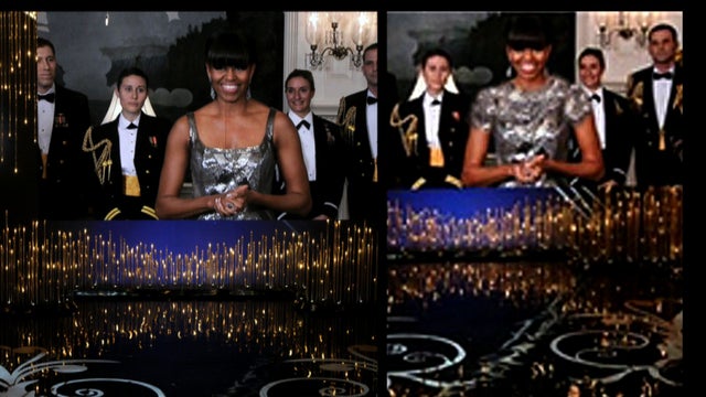 Left: Michelle Obama announcing the best picture winner at the Oscars. Right: The same image, as it appeared on an Iranian state news agency. 
