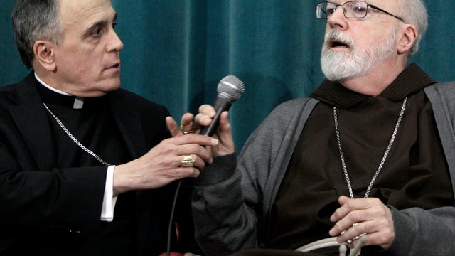 Cardinal Daniel DiNardo, archbishop of Galveston-Houston, left, and Cardinal Sean O'Malley, archbishop of Boston, attend a press conference at the Pontifical North American College in Rome March 5, 2013. 