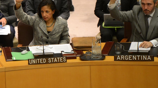 U.S. Ambassador to the United Nations Susan Rice votes with U.N. Security Council members to adopt sanctions against North Korea at the United Nations headquarters in New York March 7, 2013. 