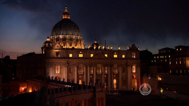 St. Peter's Basilica is pictured at night. 
