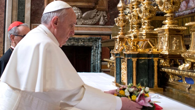 Jorge Mario Bergoglio attends his first private Mass as Pope Francis in the Basilica of Santa Maria Maggiore on March 14, 2013 in Rome, Italy. 