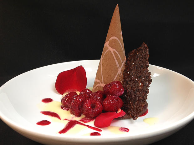  Valrhona Chocolate and Orange Parfait with Pastel colored Rose Petals and Marinated Raspberries 