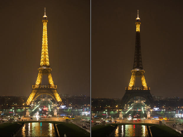This combination photo shows the Eiffel Tower submerging into darkness at 8:30 p.m. local time as part of the Earth Hour switch-off March 23, 2013, in Paris. 