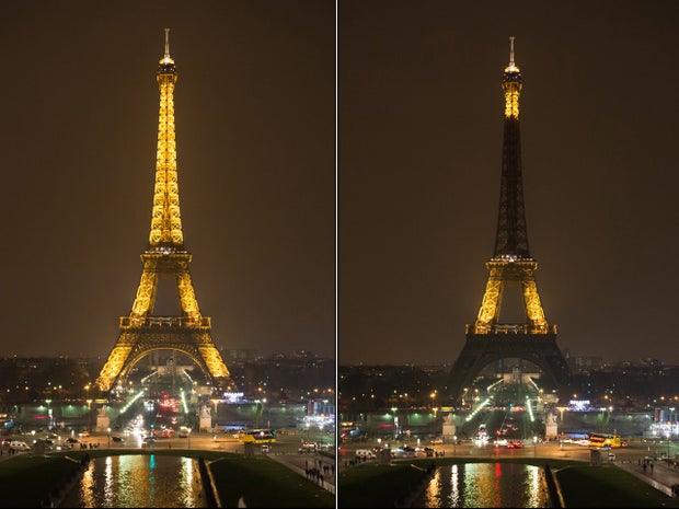 This combination photo shows the Eiffel Tower submerging into darkness at 8:30 p.m. local time as part of the Earth Hour switch-off March 23, 2013, in Paris.