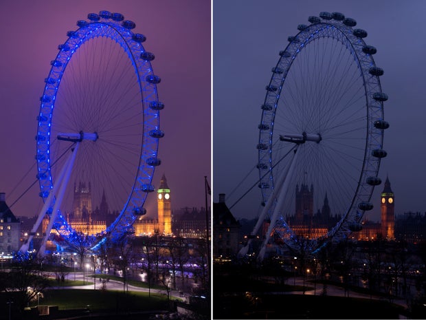 The London Eye and London skyline can be seen before, left, and after the population of the city observed Earth Hour March 23, 2013.