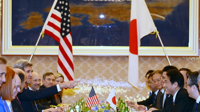 U.S. Secretary of State John Kerry (5th L) gestures towards Japanese Foreign Minister Fumio Kishida (3rd R) during their talks at the foreign ministry's Iikura guesthouse in Tokyo on April 14, 2013. U.S. Secretary of State John Kerry arrived in Japan on A 