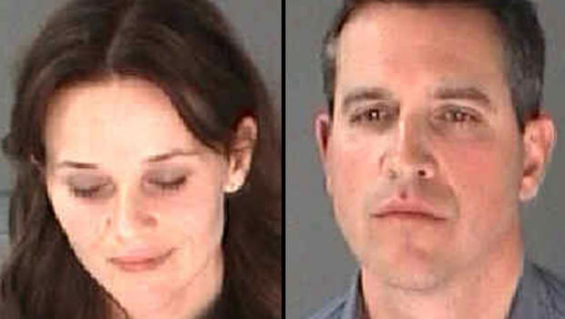 This combination of undated photo provided by the City of Atlanta Department of Corrections shows Reese Witherspoon, left, her husband James Toth. The Oscar-winning actress was arrested on a disorderly conduct charge after a state trooper said she wouldn't stay in the car while Toth was given a field sobriety test in Atlanta. 