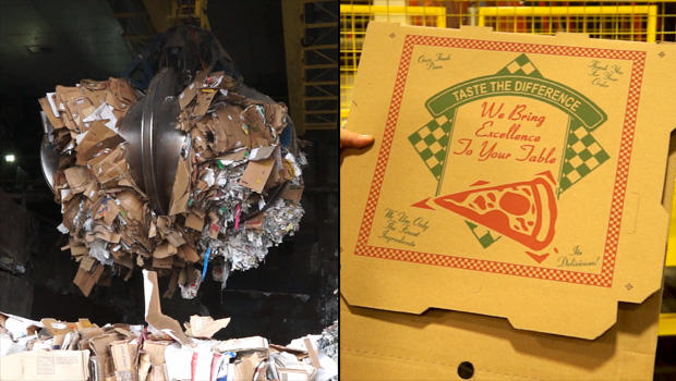 At left, a crane picks up tons of paper trash at Pratt Industries' paper mill in Staten Island. Twelve hours later, the paper is processed, rolled and turned into a pizza box that gets sold to distributors. 