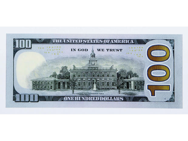 The reverse side of the new $100 bill is shown on April 21, 2010. 