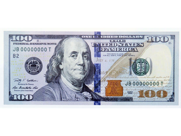 The new design of the $100 bill is shown after it was unveiled at the Treasury Department in Washington, on April 21, 2010. 
