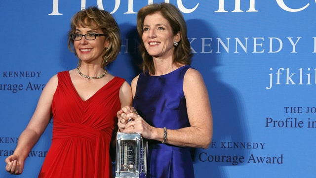 Caroline Kennedy, right, with former Arizona congresswoman Gabrielle Giffords after presenting her with the John F. Kennedy Profile in Courage Award at the JFK Library in Boston on May 5, 2013. 