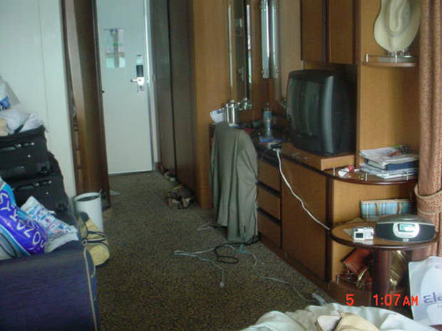 This photo was taken by the ship's safety officer upon entering the Smith cabin the morning of July 5, 2005.  The room is messy, but not trashed. 