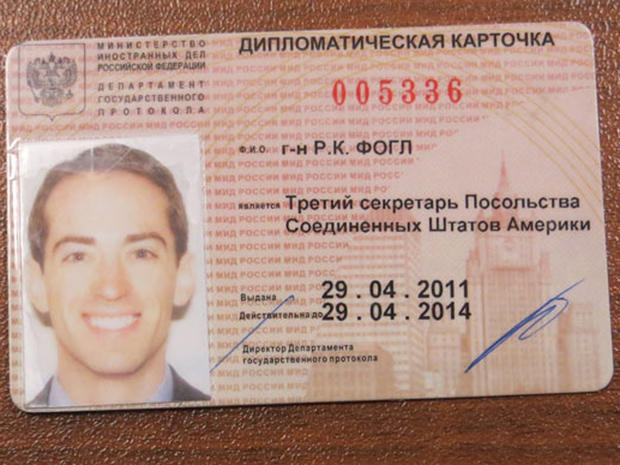 Purported Russian-issued diplomatic ID card of a U.S. man identified by Russian security services as Ryan Christopher Fogle 