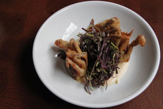Soft Shell Crab, Red Mustard Greens, Pickled Ramps, Almond Sauce 